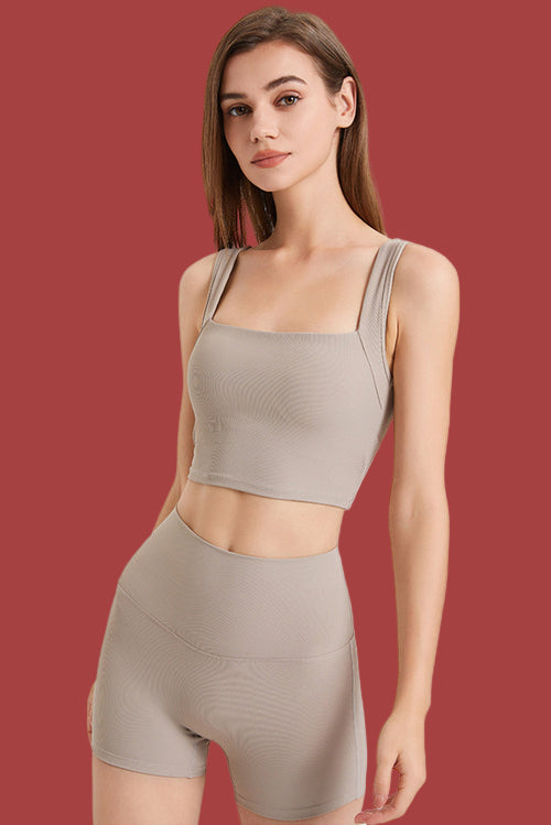 Pale Khaki Square Neck Cutout Back Crop Yoga Tank Top
