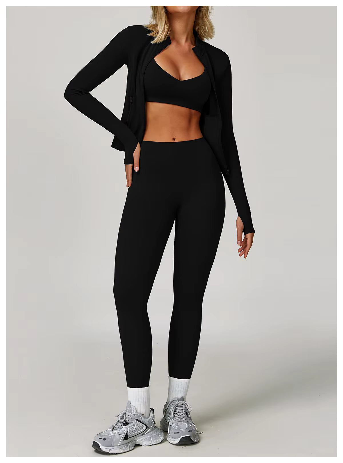 breathable sports bra set with zipper jacket and butt lifting leggings, quick-drying outfit, and workout yoga set