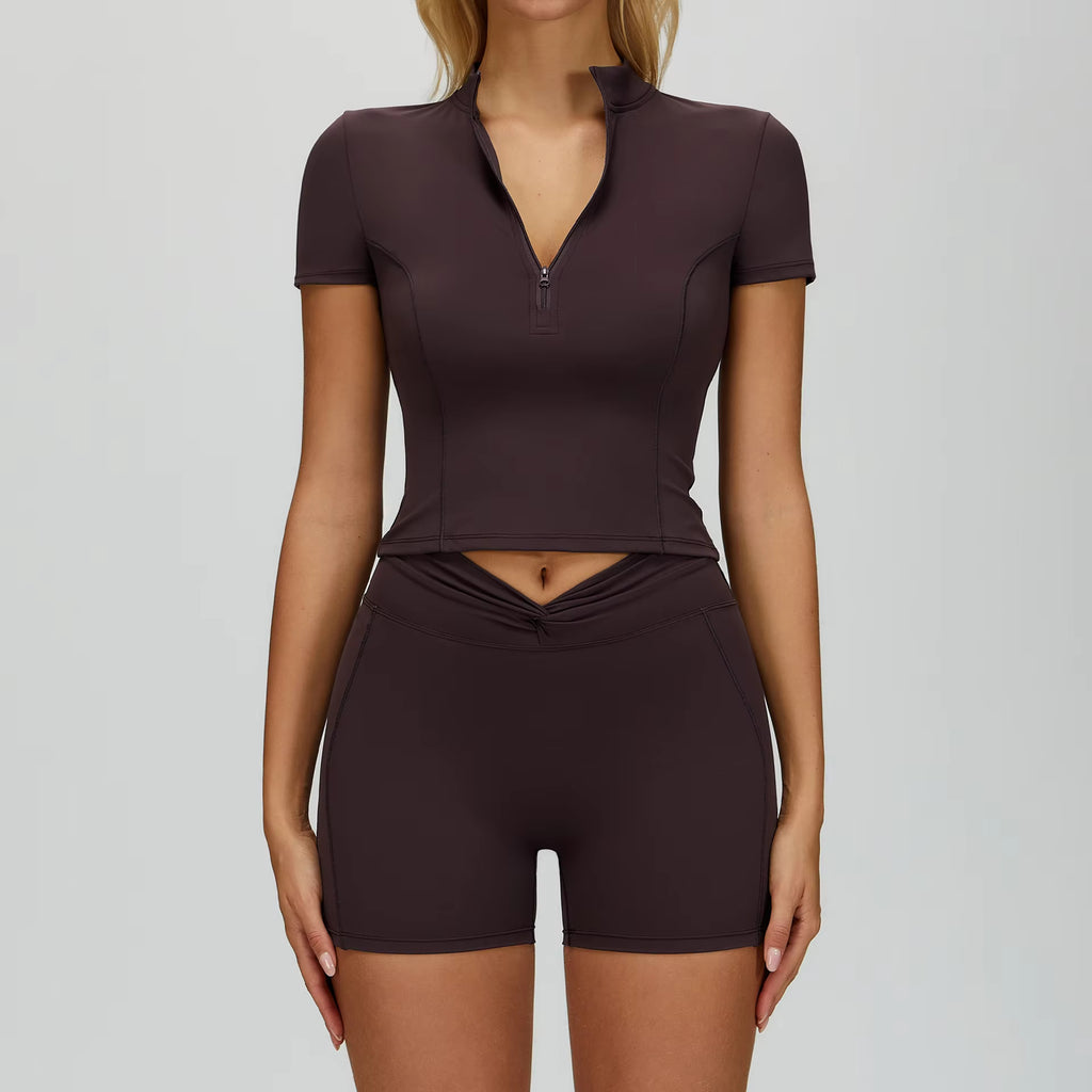 Women’s 2-Piece Yoga Set – Half-Zip Long Sleeve Croop & High-Waisted Compression Shorts