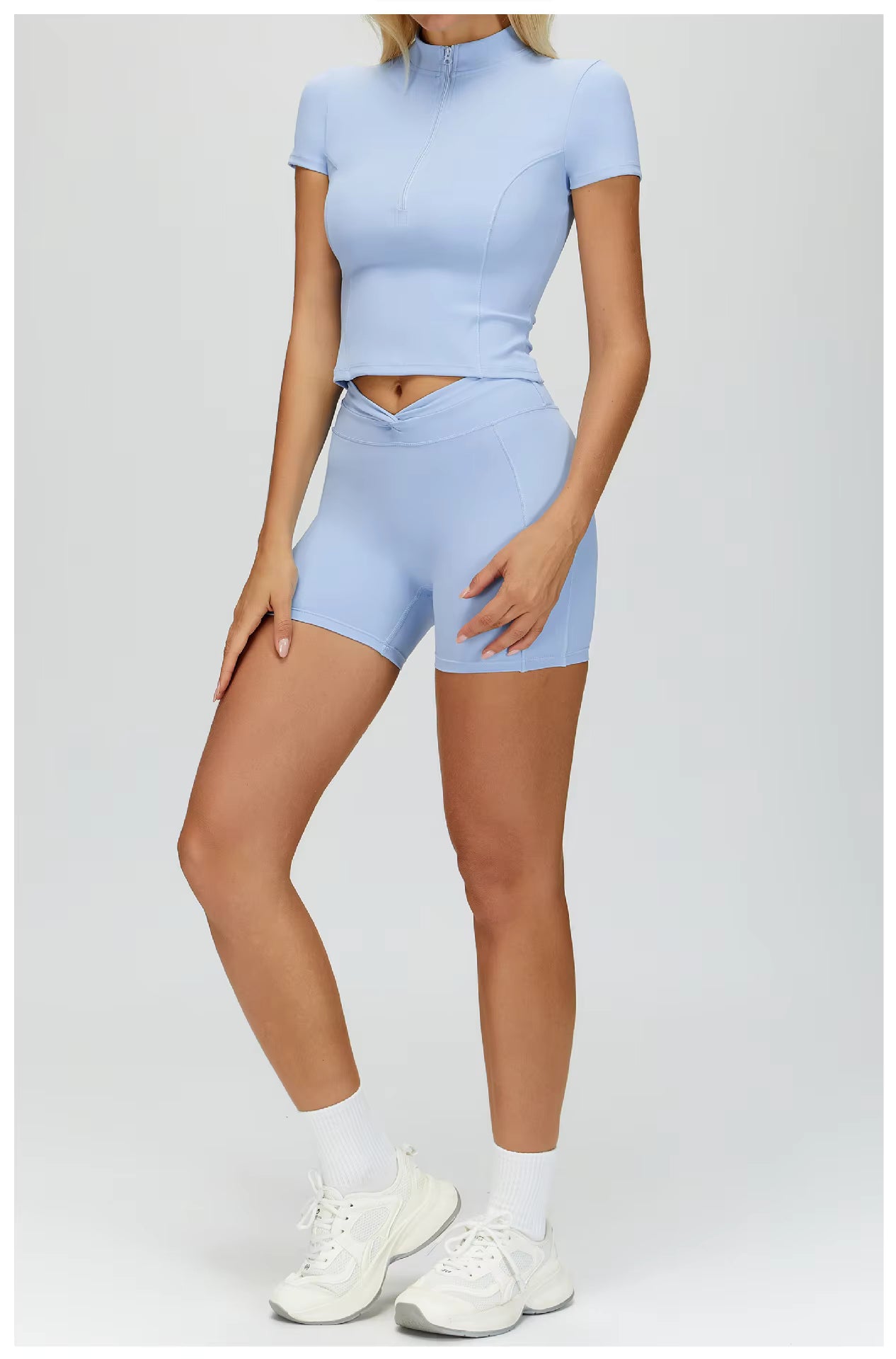 Women’s 2-Piece Yoga Set – Half-Zip Long Sleeve Croop & High-Waisted Compression Shorts